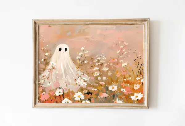 Vintage Pink Flowers Ghost Art Print, Coquette Halloween