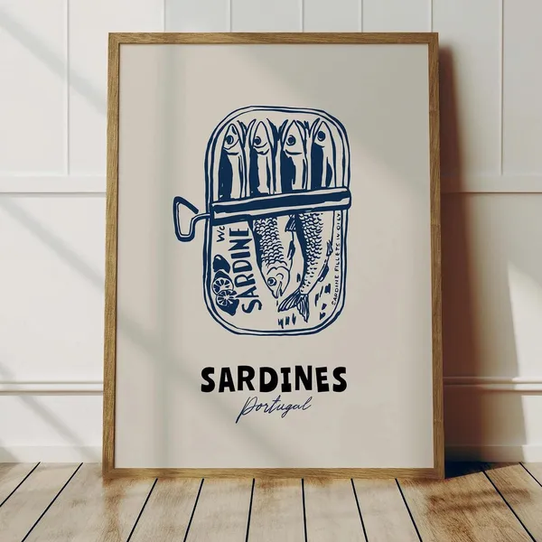Sardines Tin Vintage Seafood Poster, Kitchen Decor