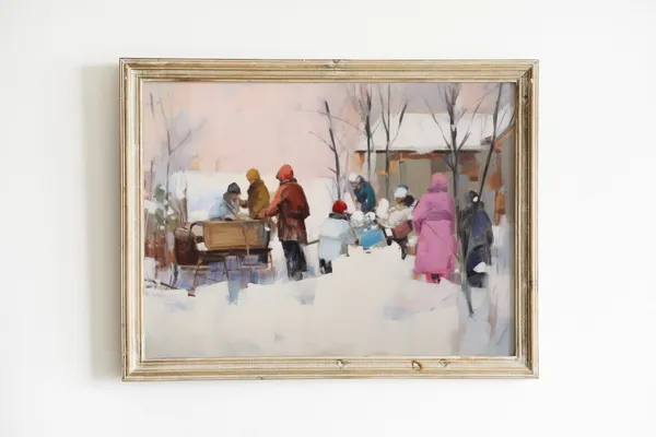 Vintage Christmas Village Art Print, Rustic Holiday Decor