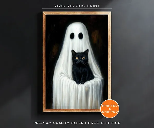 Ghost Holding Black Cat Poster, Vintage Gothic Art