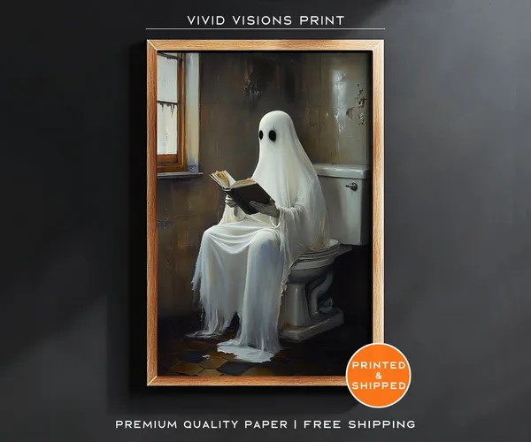 Ghost Reading In Bathroom Vintage Halloween Art Print