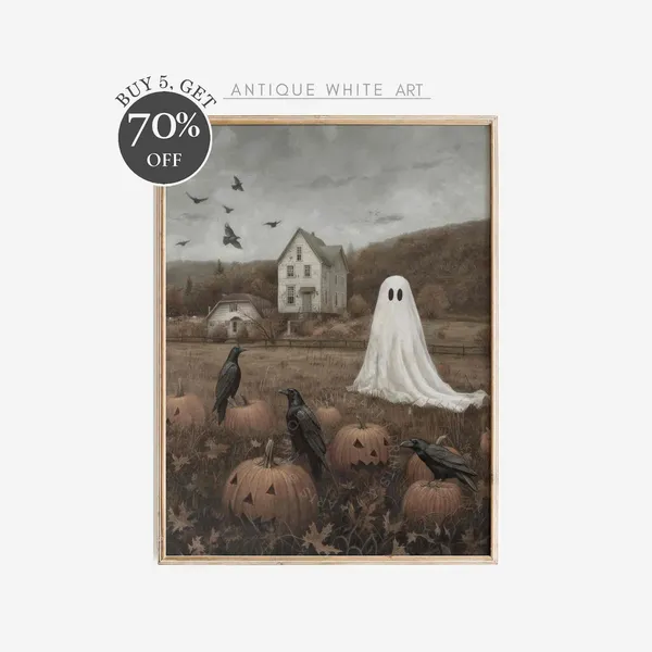 Ghost in Vintage Landscape Art Print, Halloween Decor