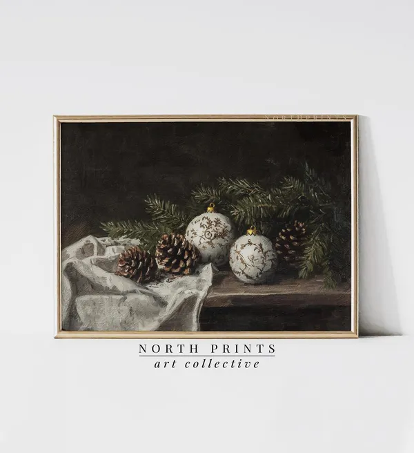 Winter Still Life Painting, French Country Christmas Decor