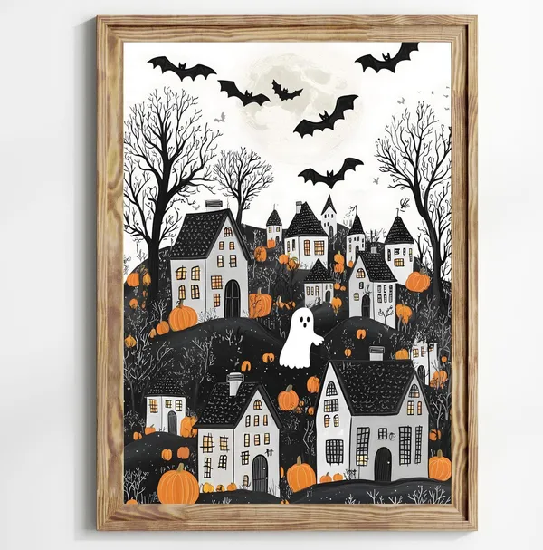 Halloween Town Folk Art Halloween Poster Print