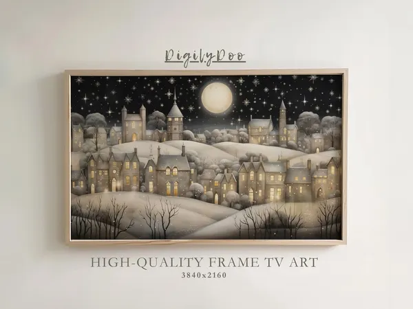 Snowy Vintage Town Christmas Artwork, Holiday Landscape