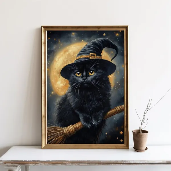 Black Cat Halloween Art Print, Witchy Decor