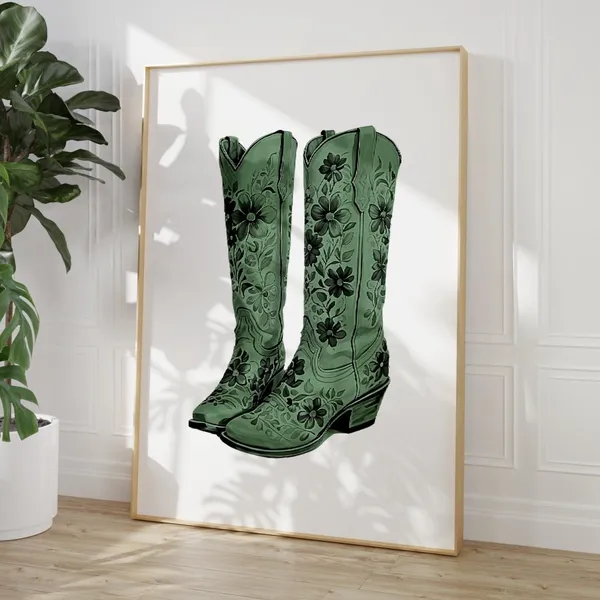 Sage Green Cowboy Boots Art Print, Coastal Cowgirl
