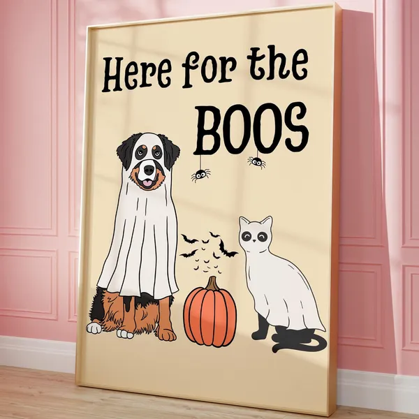 Here For The Boos Vintage Halloween Cat Ghost Art Print