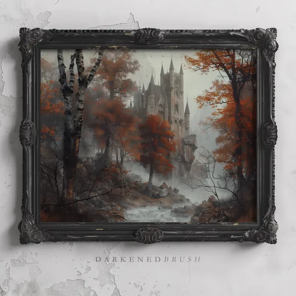 Gothic Castle Autumn Forest Art Print, Vintage Halloween