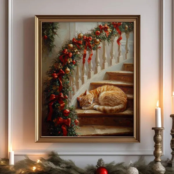 Ginger Cat Christmas Poster, Festive Holiday Wall Art