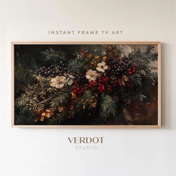 Vintage Christmas Flowers Art Print, Evergreen Floral