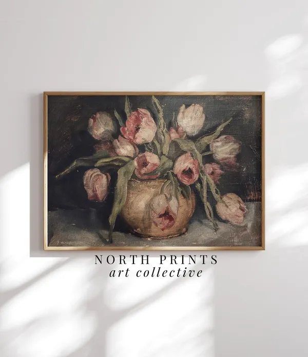 Tulip Still Life Painting, Rustic Vintage Floral Art Print
