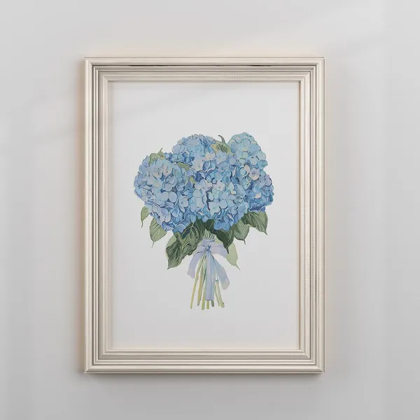 Blue Hydrangea Watercolor Art Print, Coastal Floral