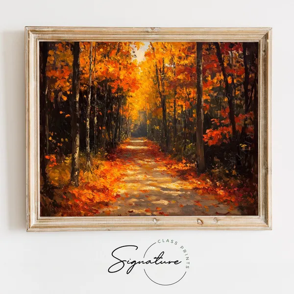 Leaf-Strewn Autumn Path Through Forest, Vintage Art Print