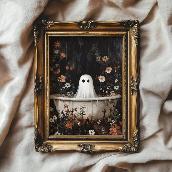 Whimsical Ghost in Bathtub, Vintage Halloween Art Print