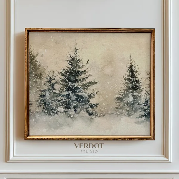Winter Christmas Trees Landscape, Neutral Holiday Art Print