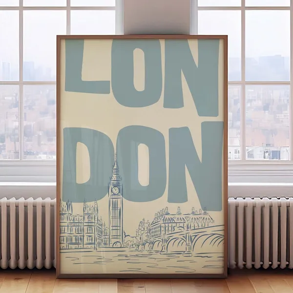 London Skyline Vintage Travel Poster, Modern Wall Decor