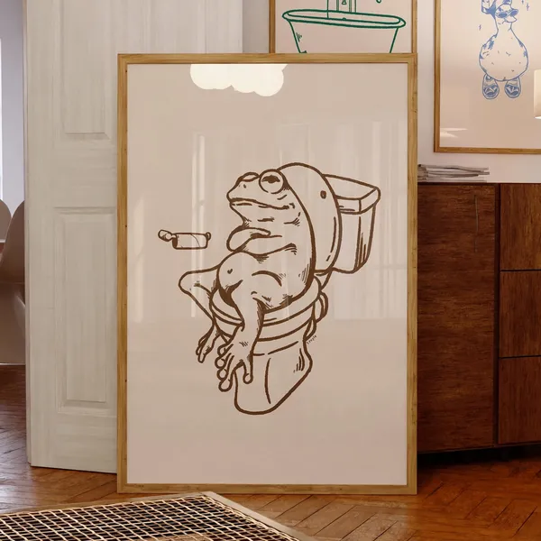Retro Frog On Toilet Poster, Funny Bathroom Decor