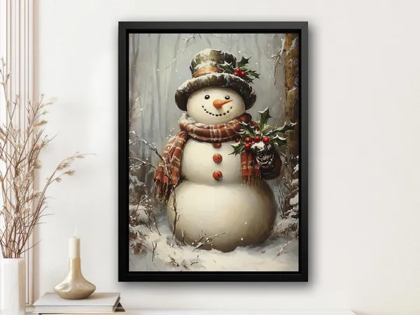 Vintage Snowman Painting, Holiday Winter Art Print