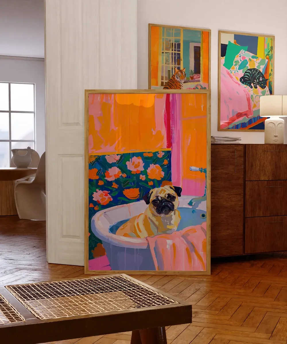 Pug Painting, Maximalist Bathroom Decor Art Print - Image 3