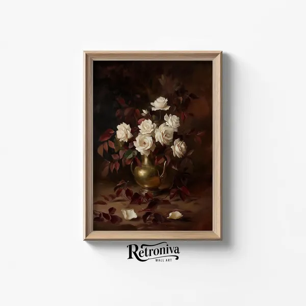 White Roses in Vase, Vintage Oil Painting Art Print