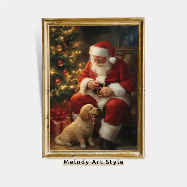 Santa Claus and Golden Retriever, Vintage Christmas Art Print