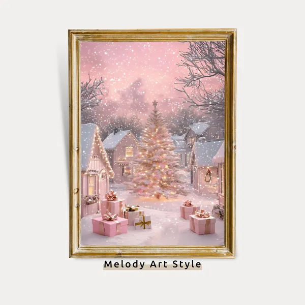 Pink Christmas Village Holiday Art Print, Winter Wonderland