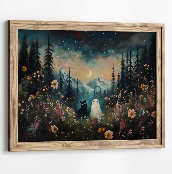 Ghost and Black Cat Meadow Art Print, Halloween Decor