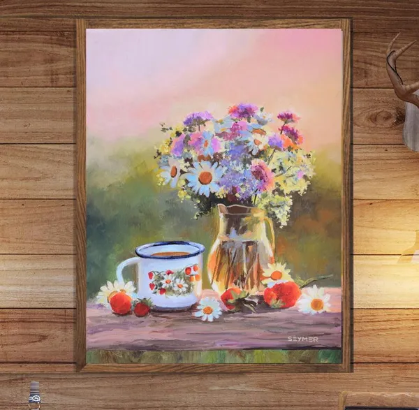 Pink Flower Vase Still Life Art Print, Country Floral