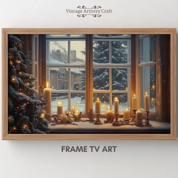 Christmas Candles and Snowy Tree Vintage Art Print