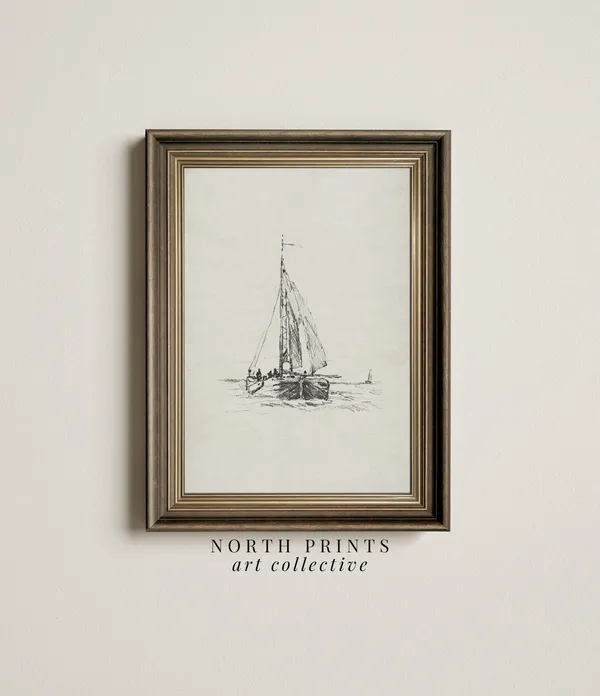 Simple Nautical Sketch Art Print, Lake House Sailboat