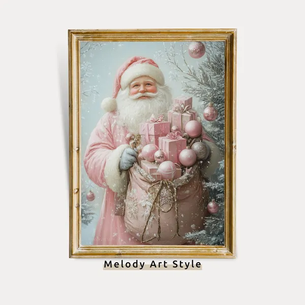 Pink Santa Christmas Oil-Painting-Style Art Print