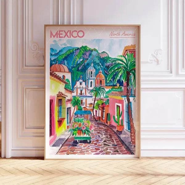 Mexico Watercolor Art Print, Mexican City Travel Poster