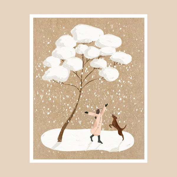 Winter Joy Art Print, Girl and Labrador Dog