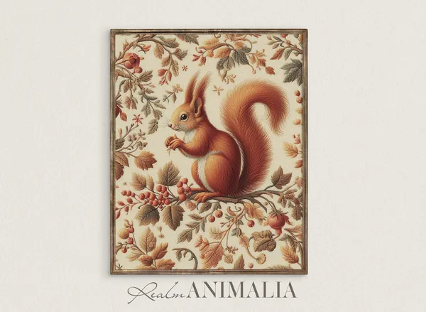 Fall Squirrel Textile Art Print, Vintage Wildlife