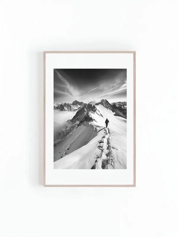 Hiker on Snowy Mountains, Black and White Print