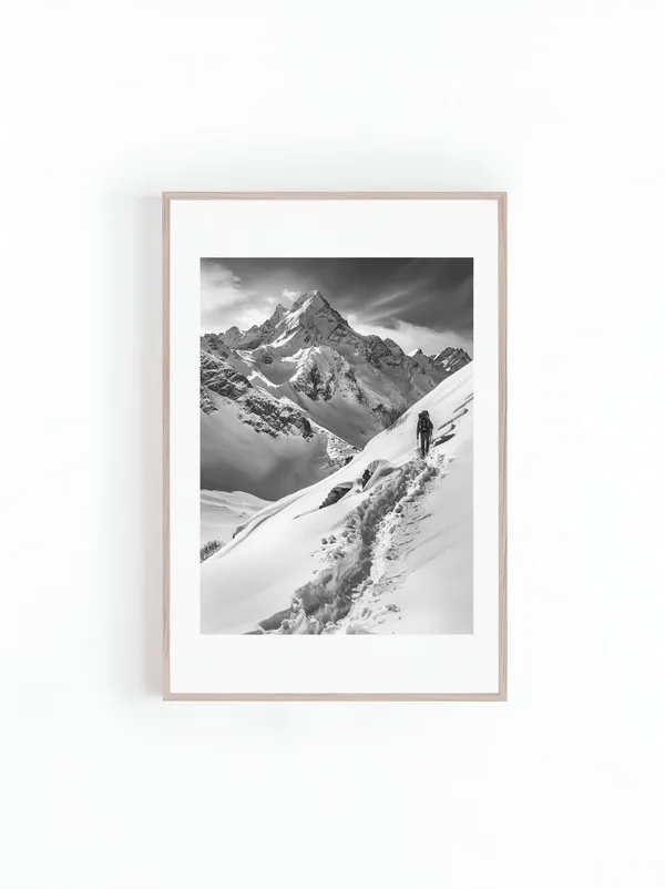 Hiker on Snowy Mountain Ranges, Minimalist Art Print