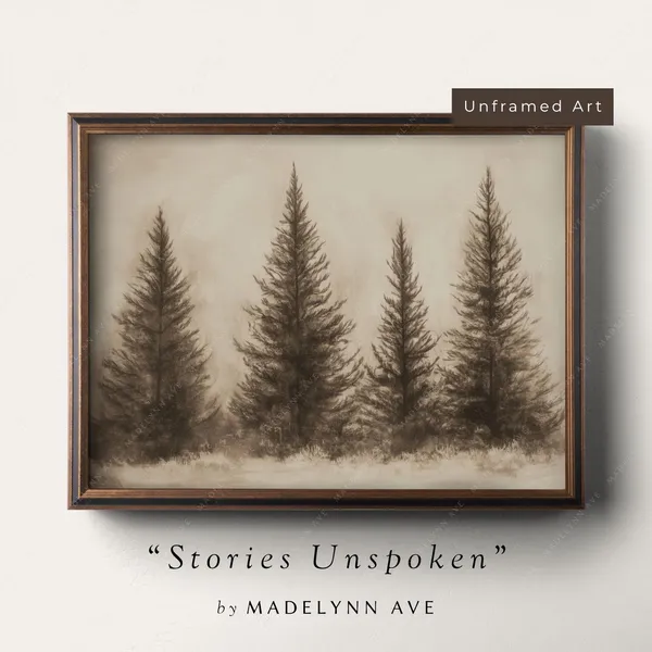 Vintage Winter Trees Art Print, Rustic Evergreen Landscape