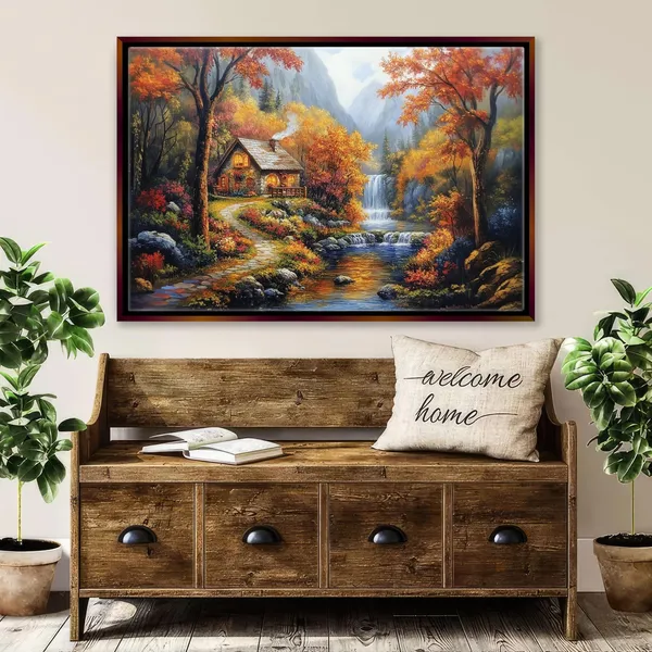 Cozy Autumn Landscape, Thomas Kinkade-Inspired Art Print