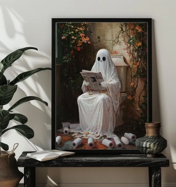 Ghost Reading Newspaper On Toilet Halloween Art Print