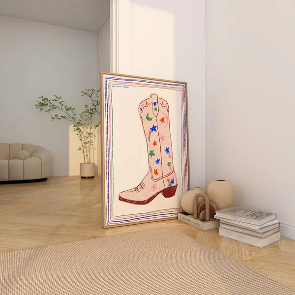 Cowboy Boot Print Art Poster, Vintage Mid-Century