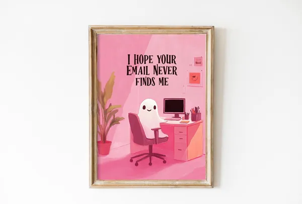 Pink Halloween Ghost Art Print, Office Decor
