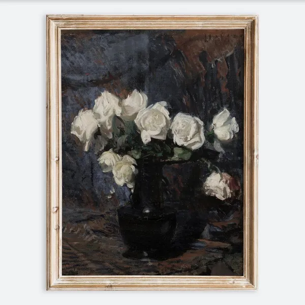 European Vintage White Rose Still Life Art Print