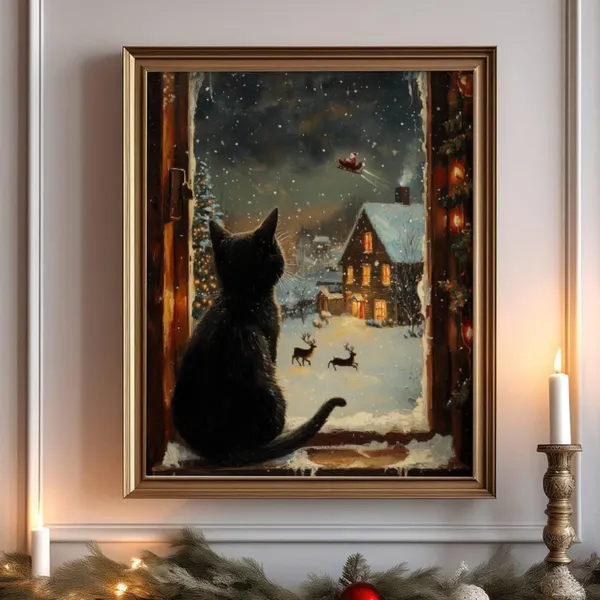 Black Cat Watching Santa Claus Christmas Poster