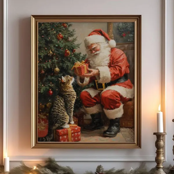 Tabby Cat And Santa Claus Christmas Poster Print