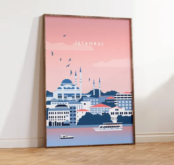 Istanbul Modern Travel Poster, Mosque Sea Skyline Decor