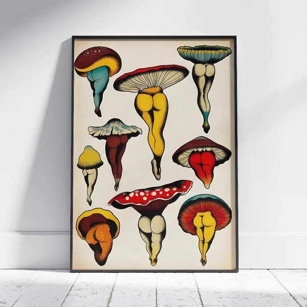 Funny Mushroom Booties Retro Kitchen Art Print
