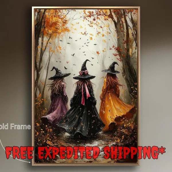 Three Witches in Autumn Forest, Halloween Art Print