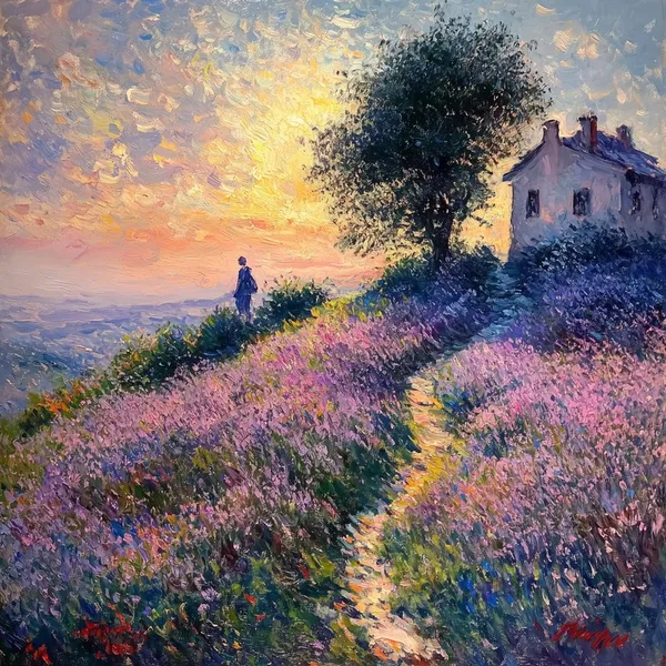 Monet-Inspired Lavender Fields Landscape Art Print