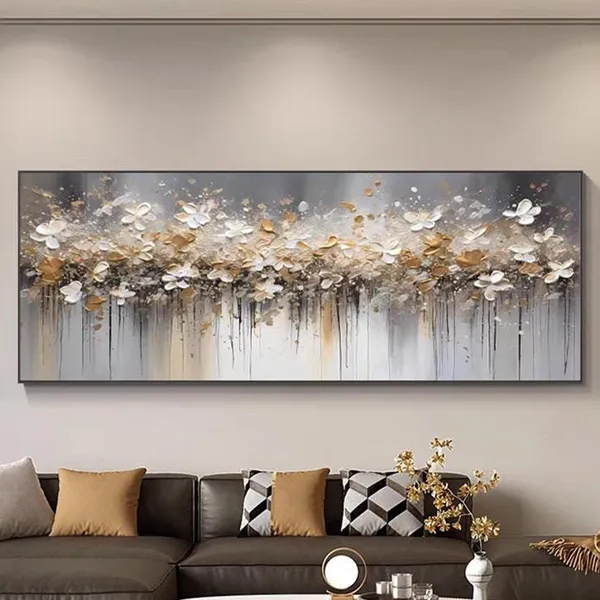 Abstract Floral Art Print, Horizontal White Gold Flowers